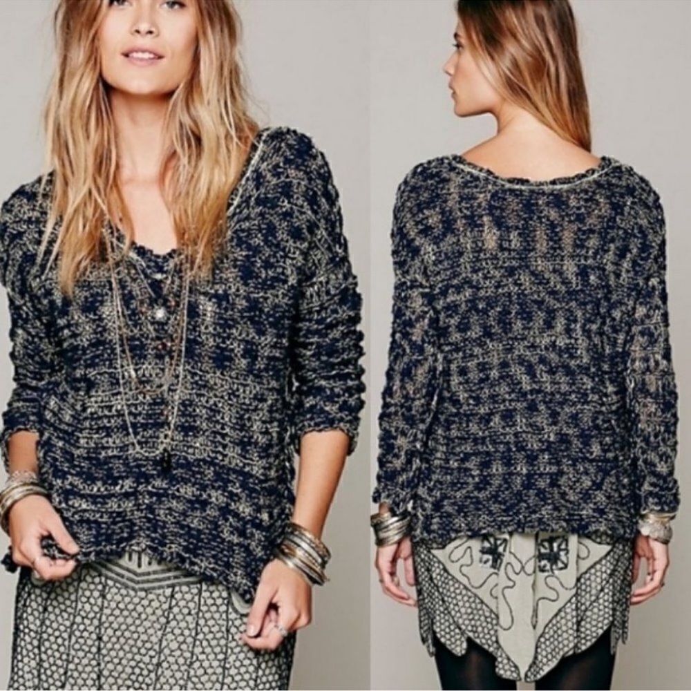 Free People Chunky Knit Cotton/Linen Navy Blue‎ Layering Sweater - XS